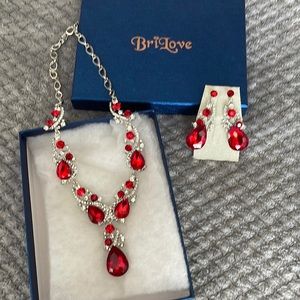 BriLove necklace and pierced earrings. Red and Rhinestone bright and shiny. NWT